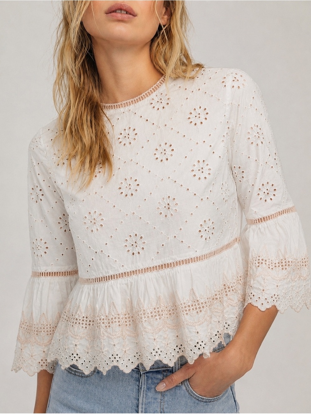 Free People White Eyelet Embroidered Bell Sleeve Peplum Top Boho Cottagecore -XS